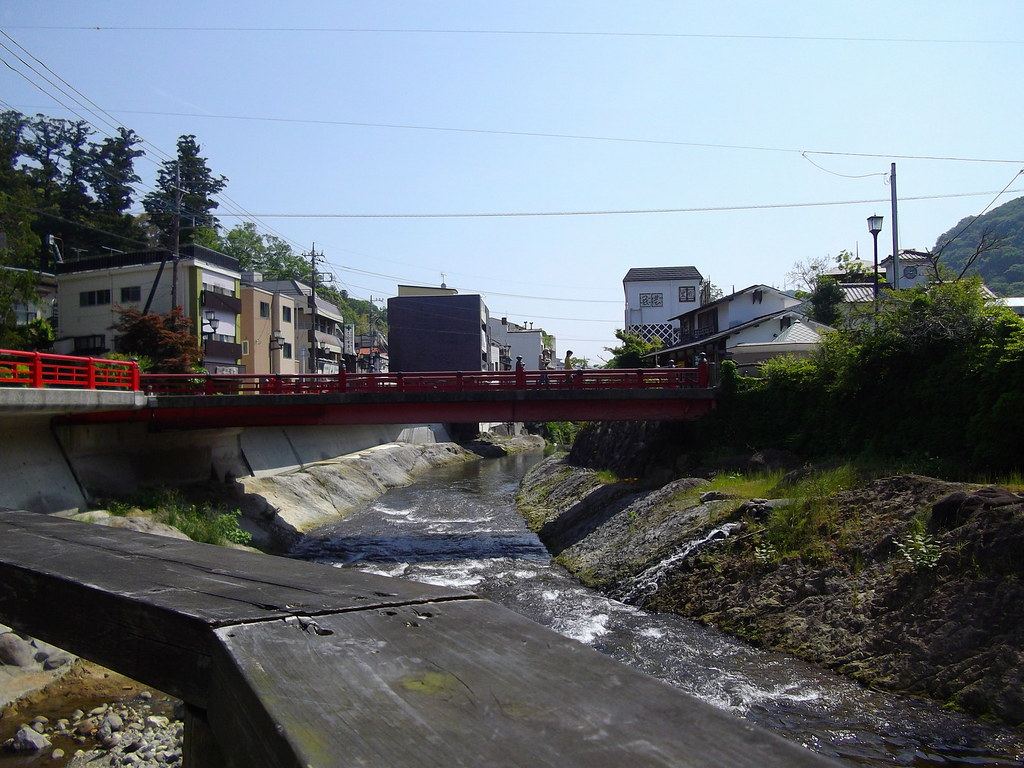 A red bridge over the river in the Shuzenji onsen town